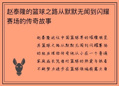 赵泰隆的篮球之路从默默无闻到闪耀赛场的传奇故事